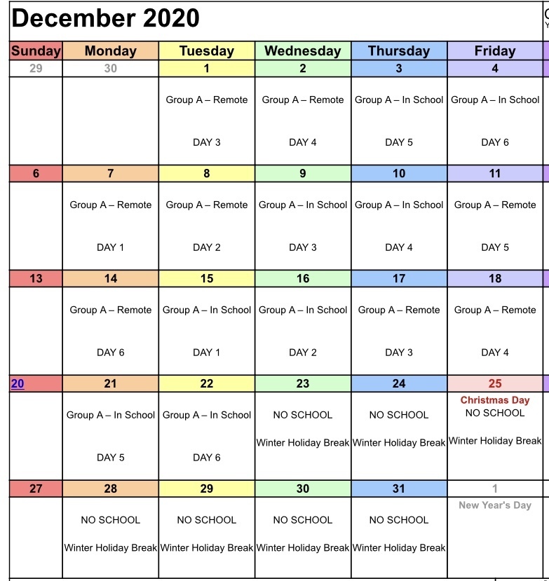 December calendar for the Group A Hybrid students. BALD EAGLE AREA