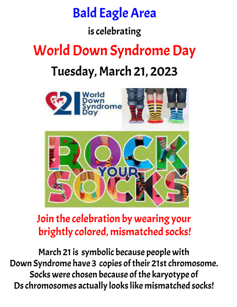 Rock your socks day Tuesday March 21st BALD EAGLE AREA MIDDLE AND HIGH